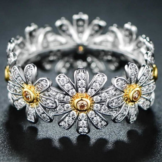 18K White Gold Plated Floral Sunflower Ring Made with Swarovski Crystals