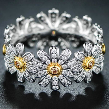 18K White Gold Plated Floral Sunflower Ring with Swarovski Crystals