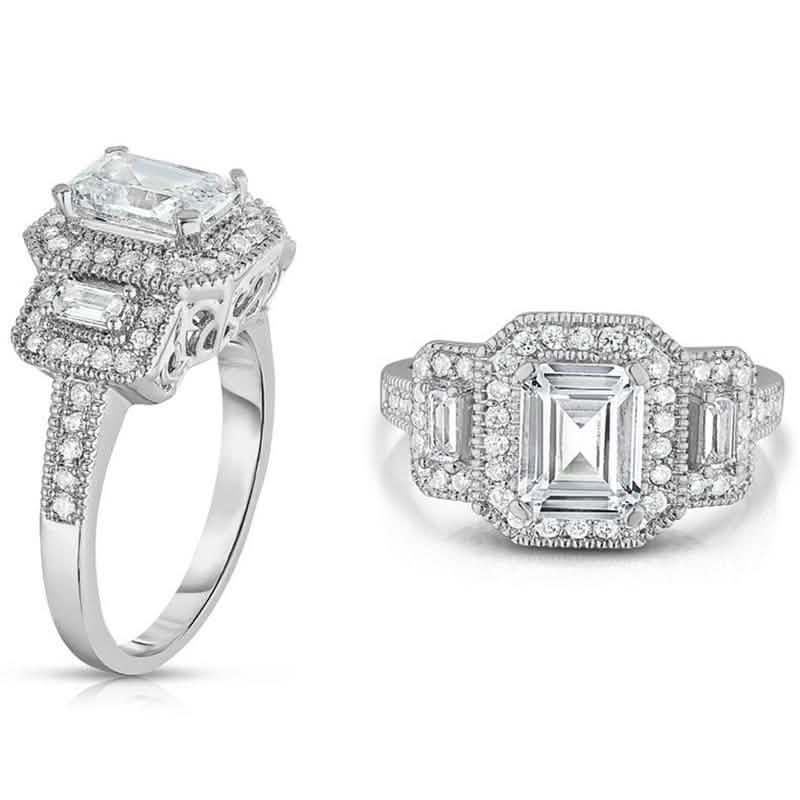 18k White Gold Tri Stone Emerald Cut Cubic Zirconia Ring