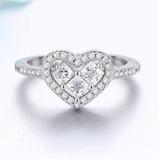 18K White Gold Tri Stone Halo Heart Ring