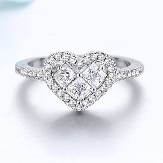 18K White Gold Tri Stone Halo Heart Ring
