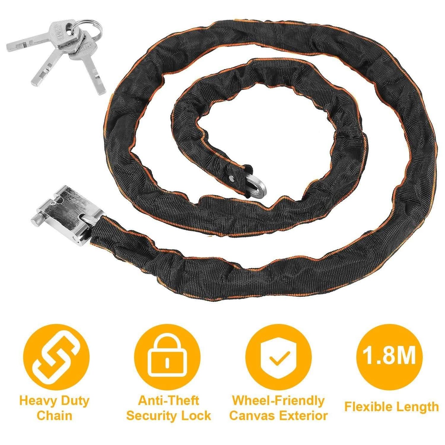 1.8m Bike Chain Lock with 3 Keys Heavy Duty Security Lock
