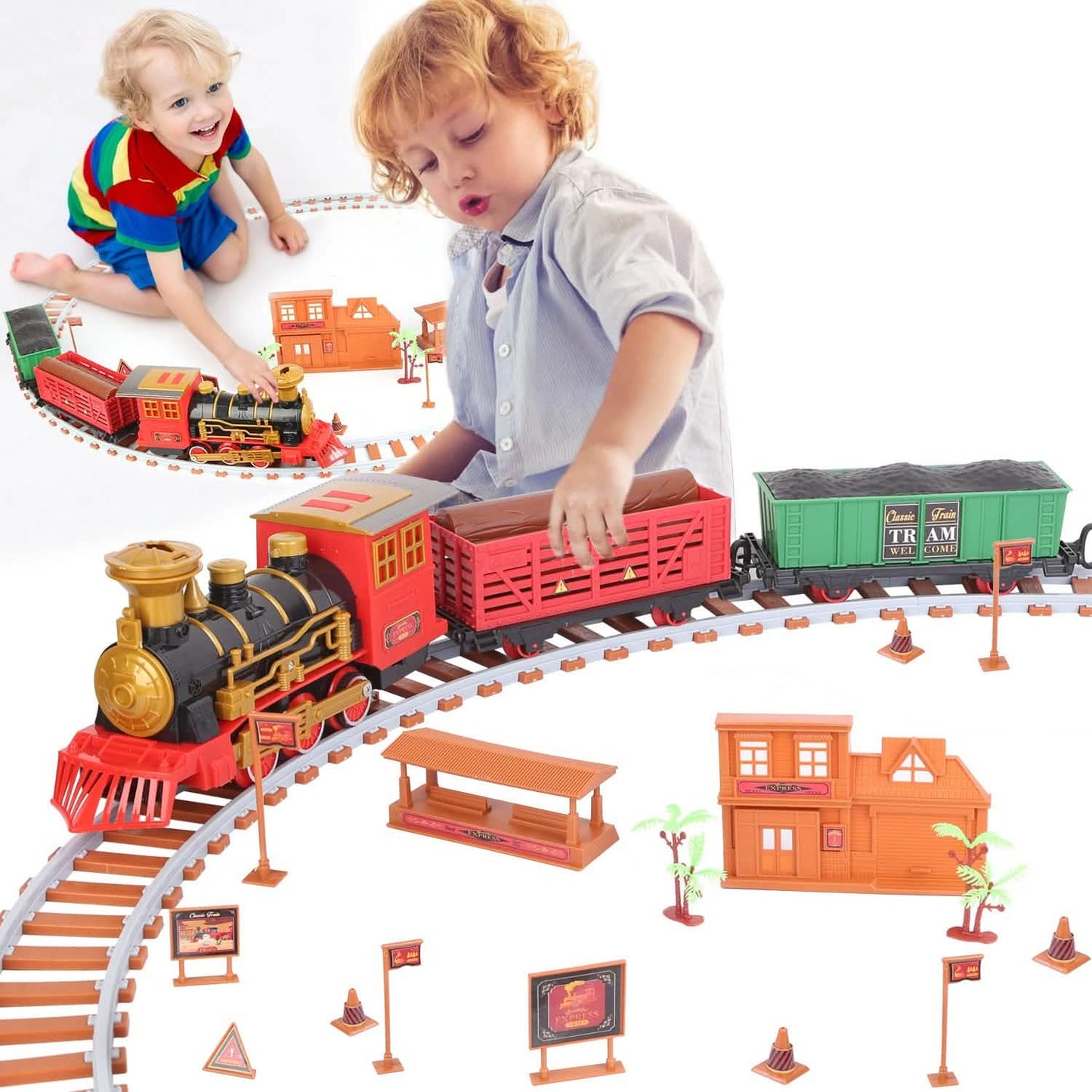 193-Piece: Electric Train Set Steam Locomotive Passenger Coach Coal Car Christmas Train