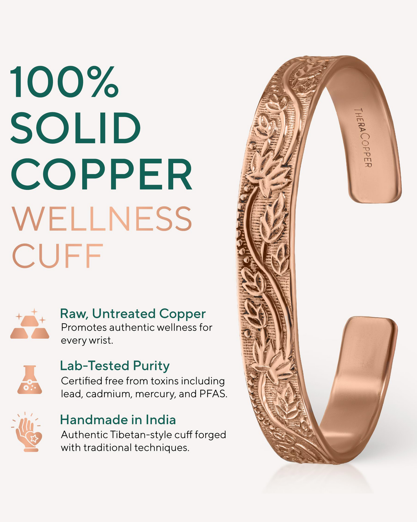 Pure Copper Cuff Bracelet for Women – Floral