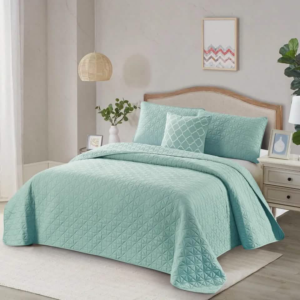 4-Piece: Bibb Home Solid Reversible Quilt Set with Embroidered Cushion