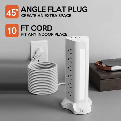 22-in-1 Power Strip Tower with 4 USB Ports & 9 AC Outlets, 10ft Extension Cable, 3-Color Night Light