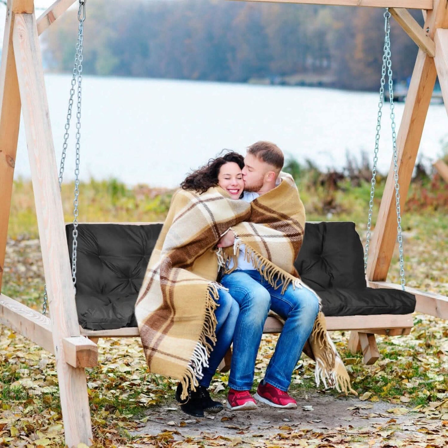 2-3 Seater Swing Cushion Replacement Swing Beach Pads with Backrest 8-Tie Straps