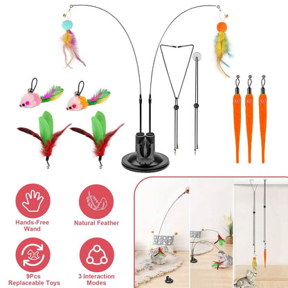 2 Cat Wand Toys with Suction Cup Double Head Interactive Cat Feather Toy