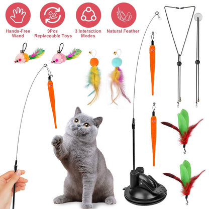 2 Cat Wand Toys with Suction Cup Double Head Interactive Cat Feather Toy