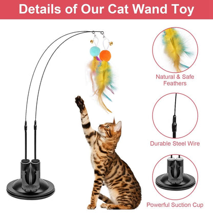 2 Cat Wand Toys with Suction Cup Double Head Interactive Cat Feather Toy