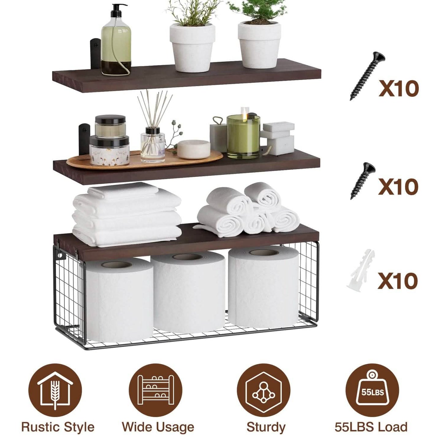 2-in-1 Floating Shelves Wall Mounted with Storage Basket