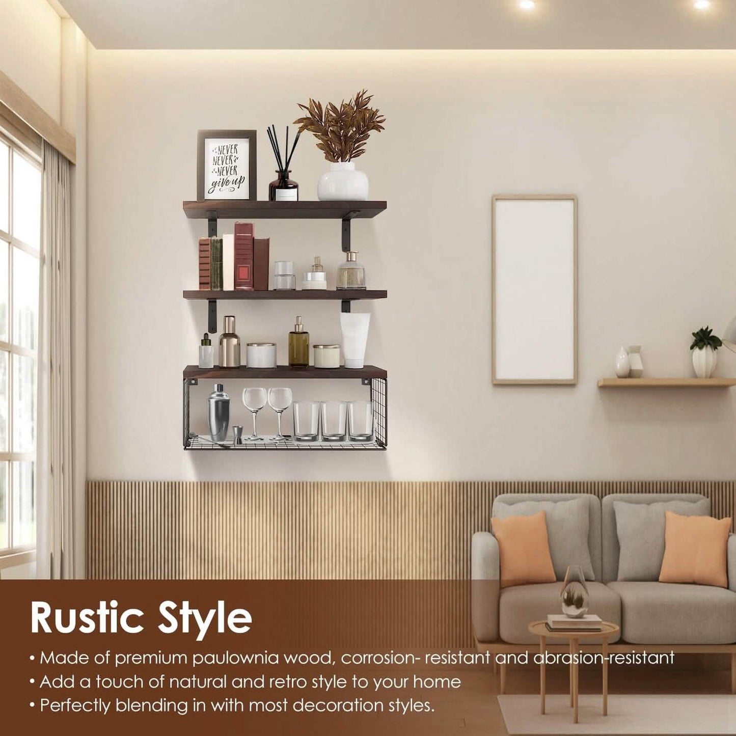 2-in-1 Floating Shelves Wall Mounted with Storage Basket