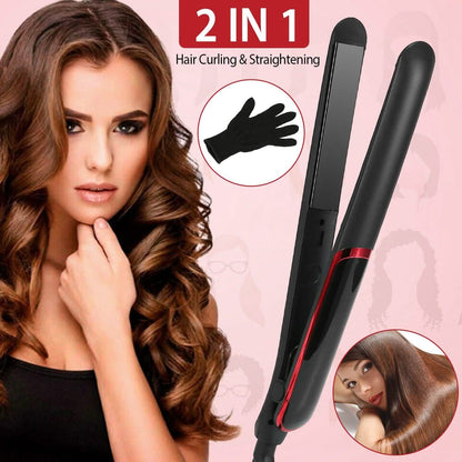 2-in-1 Twist Hair Straightener Ceramic Plate Hair Curler with Temperature Adjust LCD Display