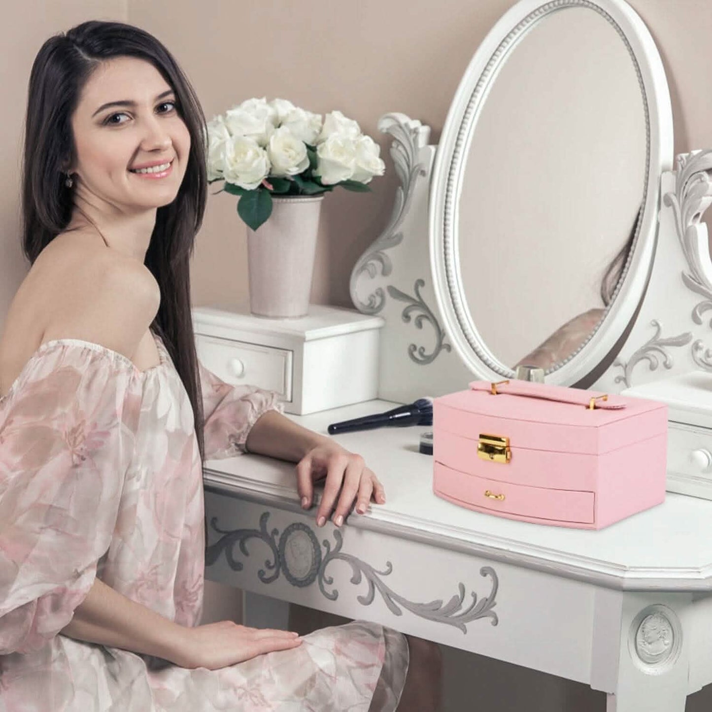 2-Layer Lockable Leather Jewelry Box