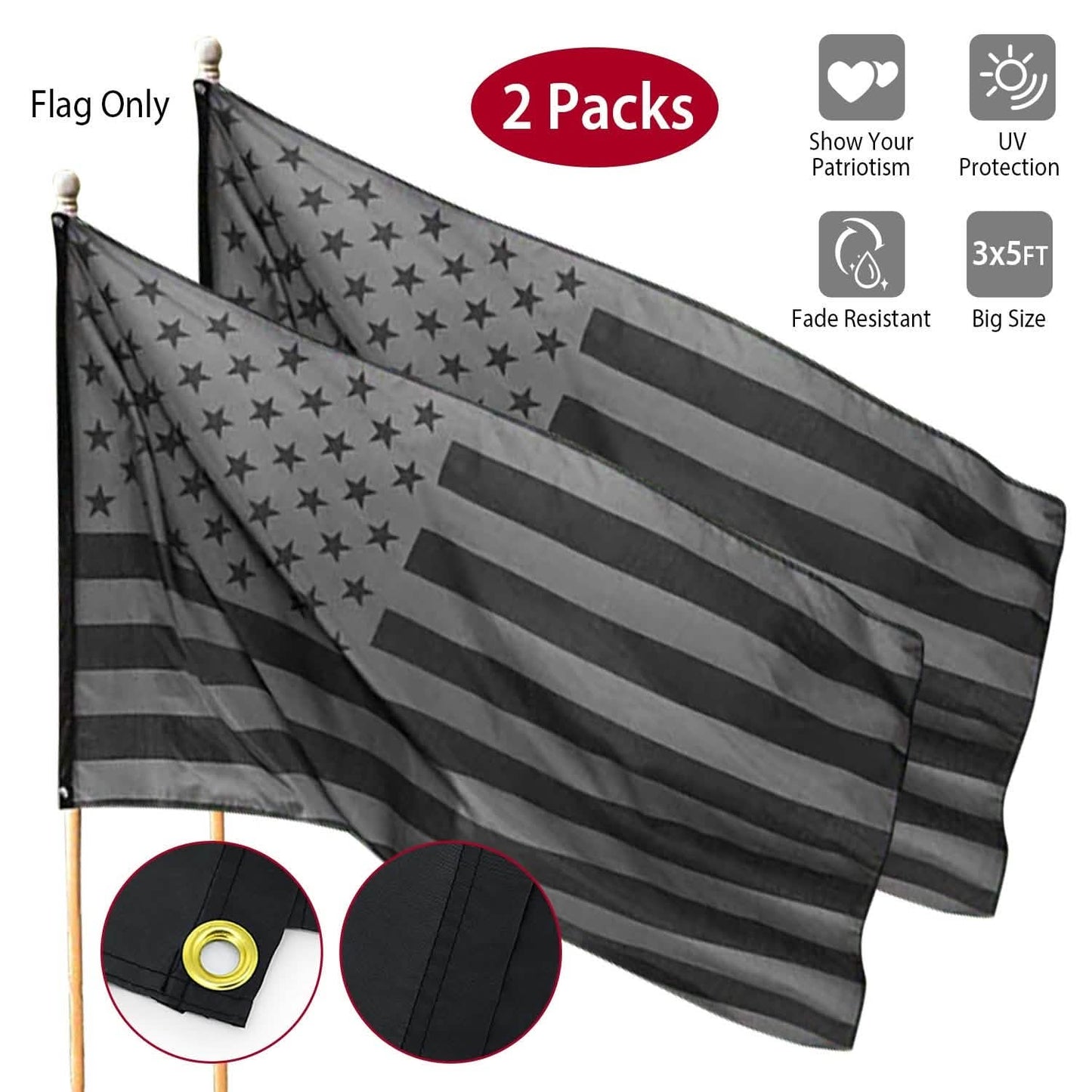 2-Pack: 3X5 Ft. All Black American Flag