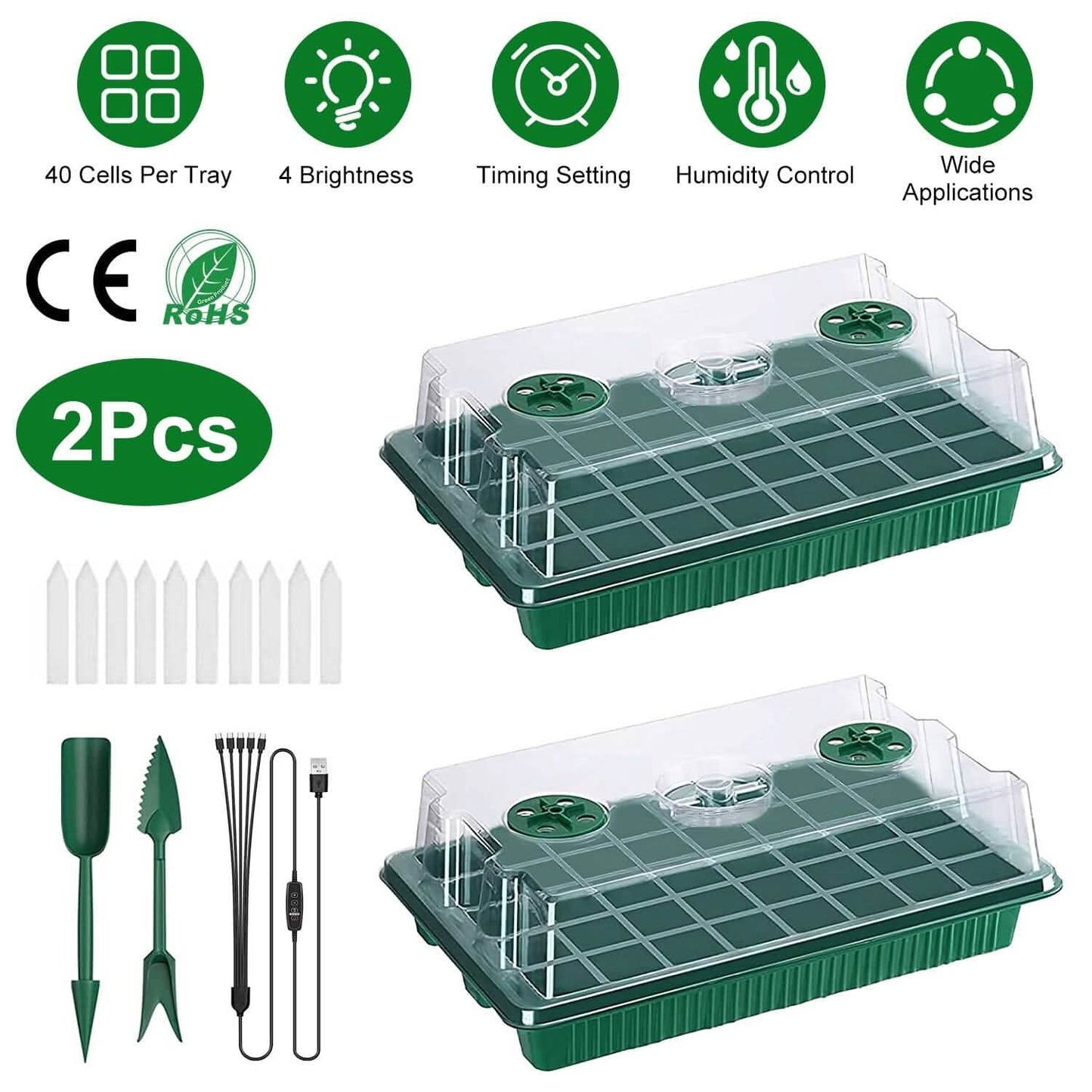 2-Pack: 40 Cell Seed Starting Tray Plant Grow Light with 4 Adjustable Brightness