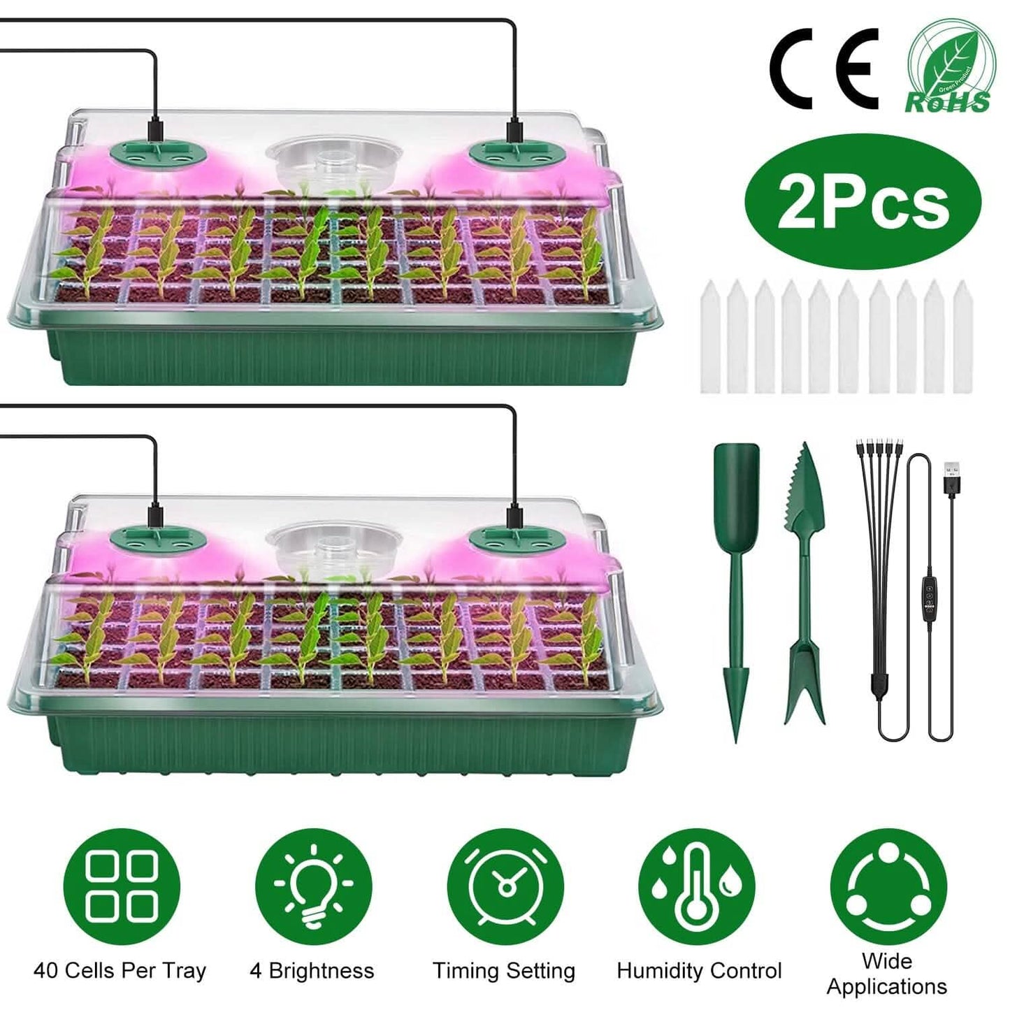 2-Pack: 40 Cell Seed Starting Tray Plant Grow Light with 4 Adjustable Brightness