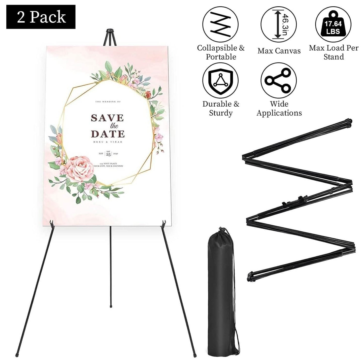2-Pack: 61" Collapsible A Frame Tripod Easel Iron Alloy Drawing Stand