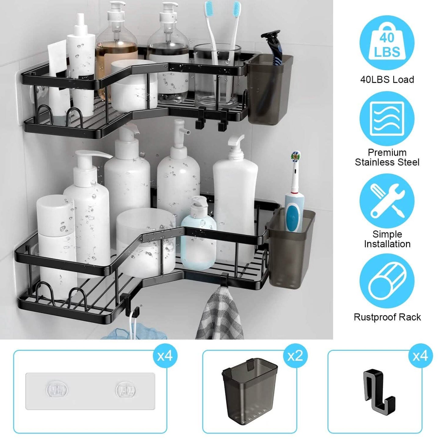 2-Pack: Corner Shower Caddy No Drilling Adhesive Shower Organizer