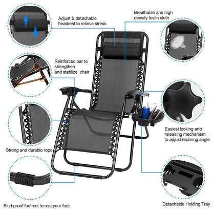 2-Pack: Foldable Zero Gravity Lounge Chair with Dual Side Tray