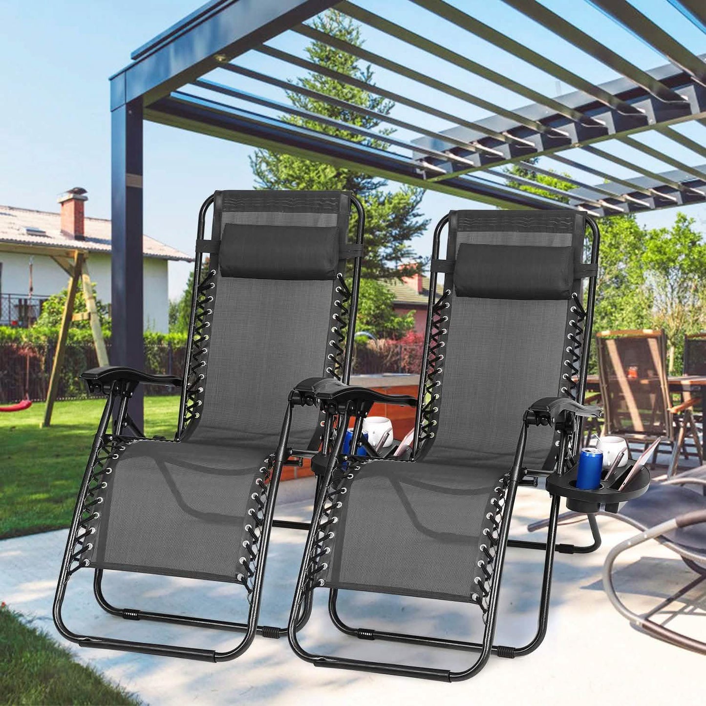 2-Pack: Foldable Zero Gravity Lounge Chair with Dual Side Tray