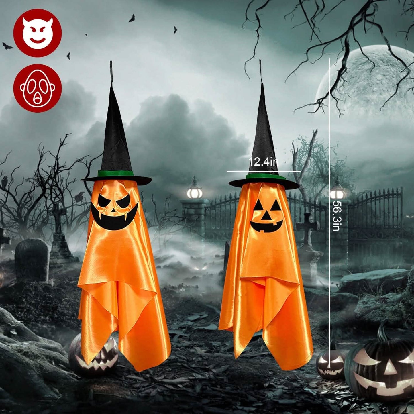 2-Pack: Hanging Ghosts with Wizard Hat Snicker Scary Face
