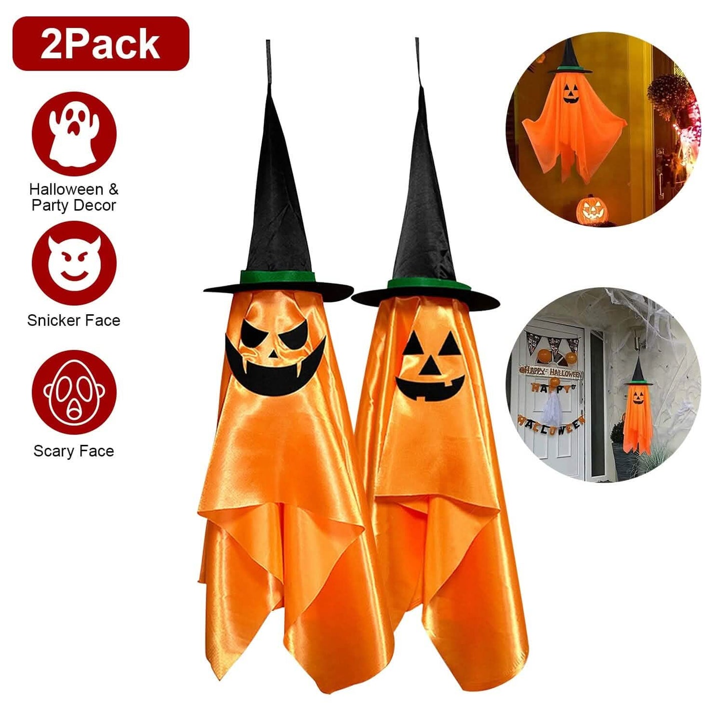 2-Pack: Hanging Ghosts with Wizard Hat Snicker Scary Face