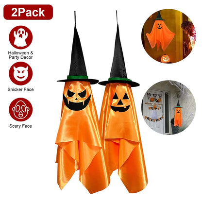 2-Pack: Hanging Ghosts with Wizard Hat Snicker Scary Face