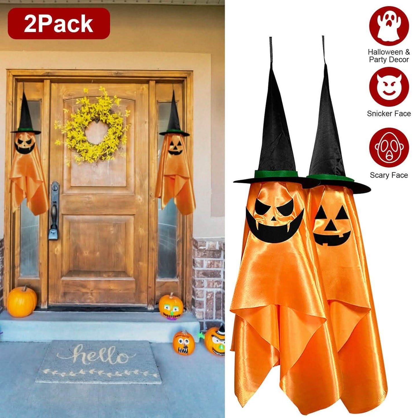 2-Pack: Hanging Ghosts with Wizard Hat Snicker Scary Face