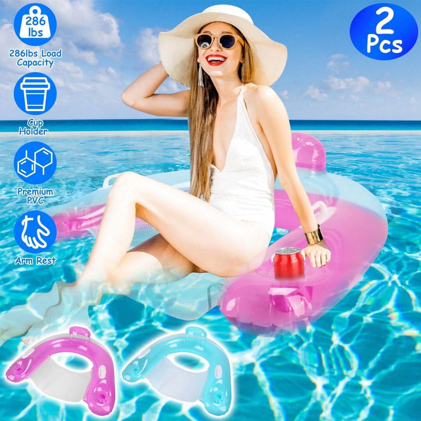 2-Pack: Inflatable Float Pool Chair with Cup Holder Arm Rest