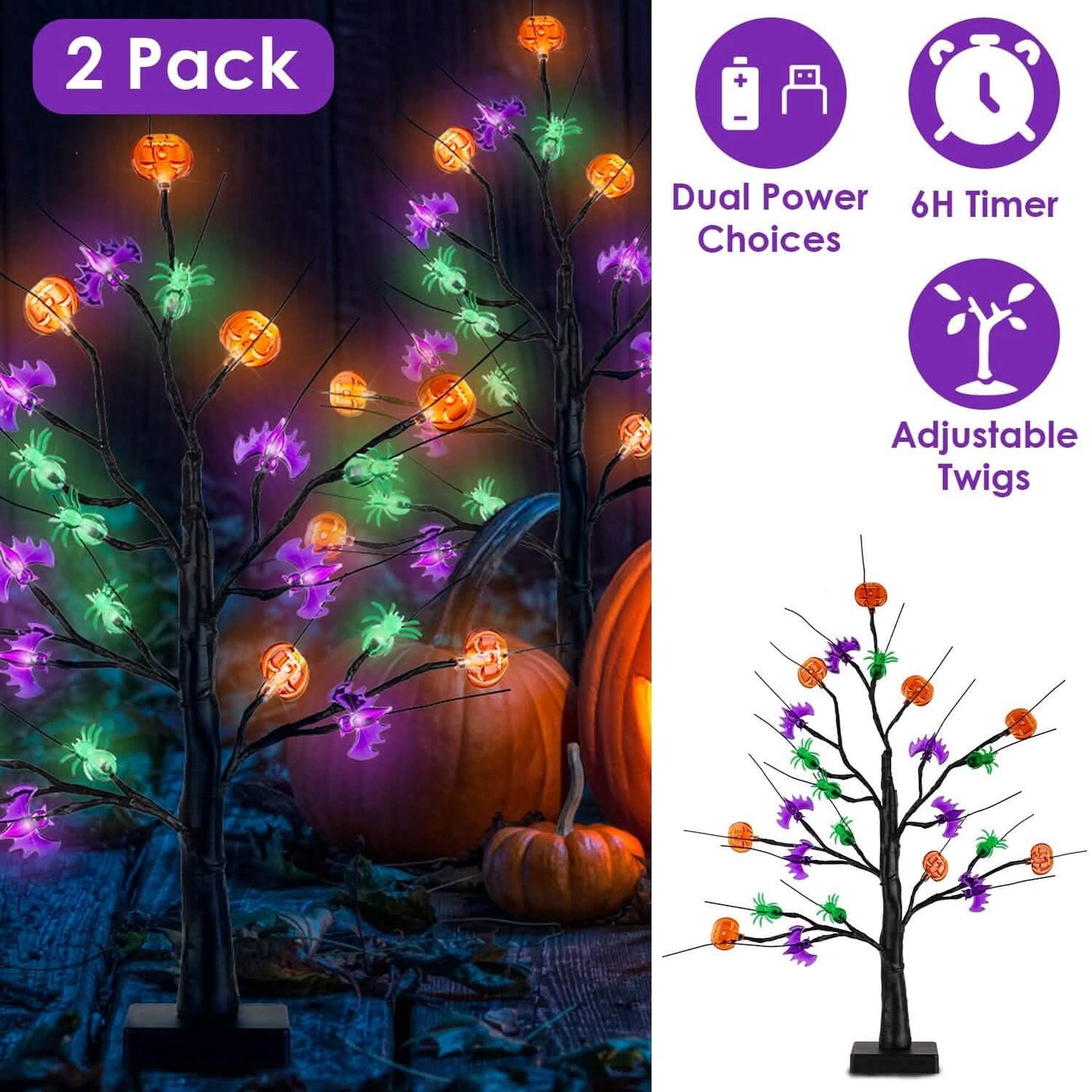 2-Pack: Lighted Halloween Trees with Timer and Adjustable Twigs