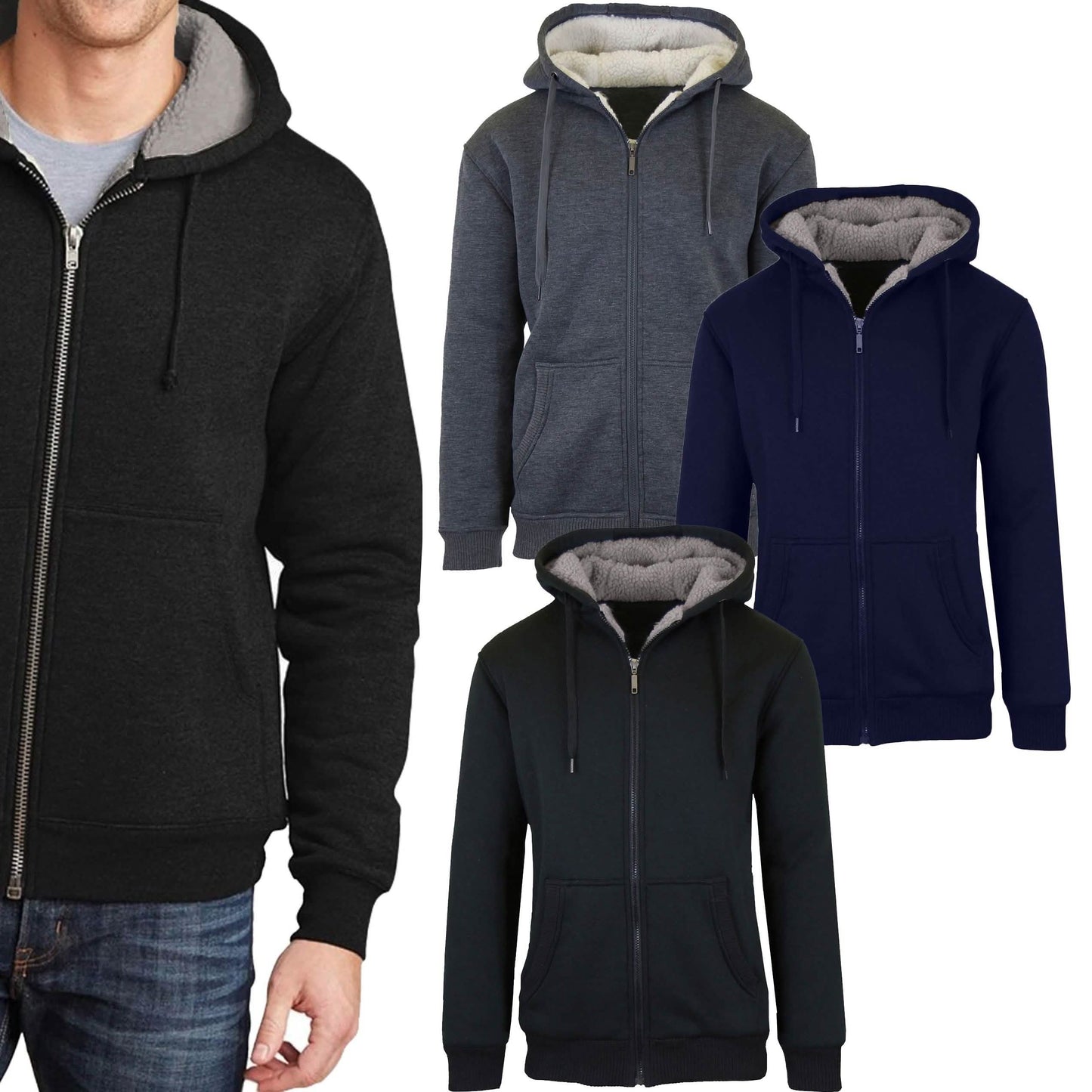 2-Pack: Men's Heavyweight Sherpa Fleece-Lined Zip Hoodie Sweater