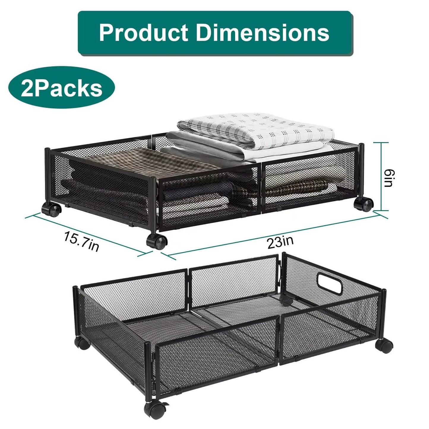 2-Pack: Under Bed Storage Container Foldable Rolling Storage Bin