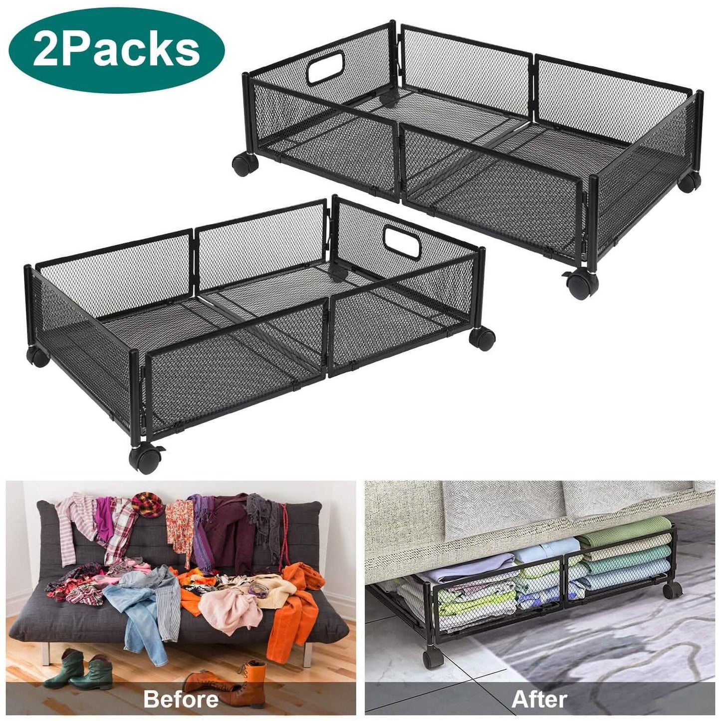 2-Pack: Under Bed Storage Container Foldable Rolling Storage Bin