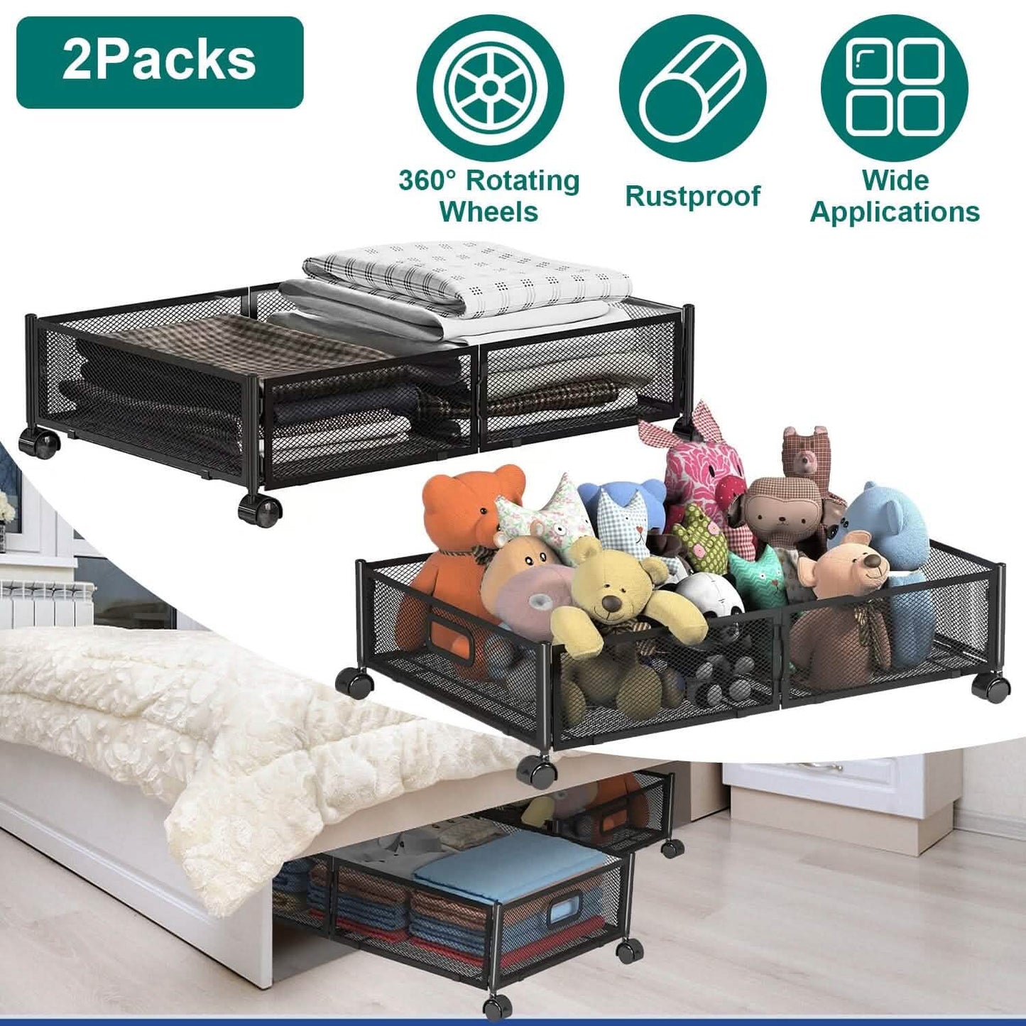 2-Pack: Under Bed Storage Container Foldable Rolling Storage Bin