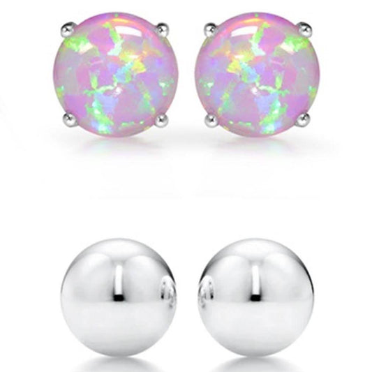 2-Pairs: Pink Opal Stud and Sterling Silver Ball Stud Set