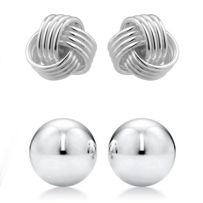 2-Pairs: Sterling Silver Love Knot and Ball Stud Earring Set