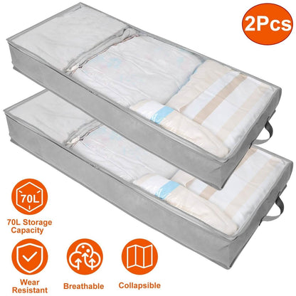 2-Piece: 70L Foldable Underbed Clothes Moisture Proof Zipped Organizer