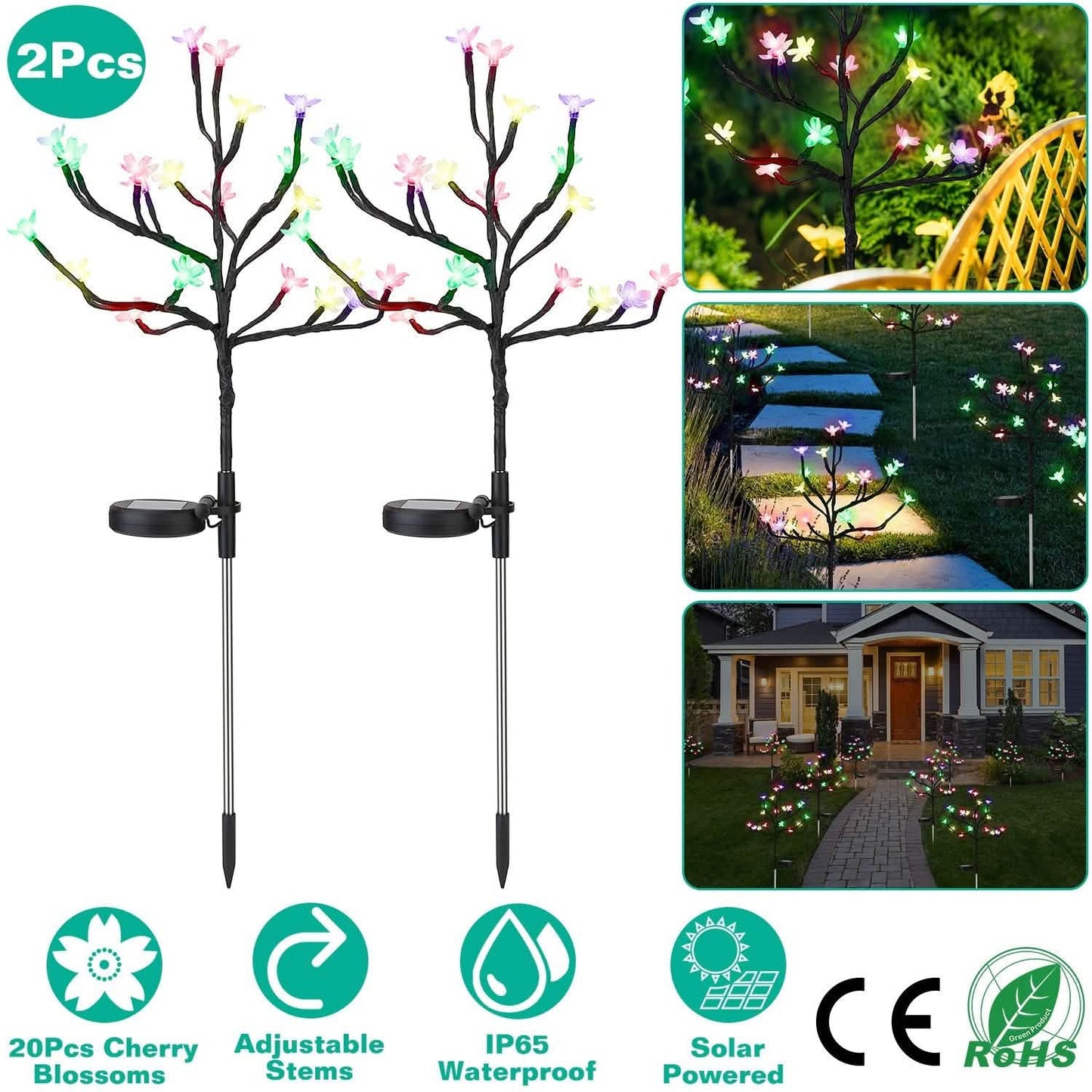 2-Piece: Outdoor Solar Light Cherry Blossom Flower Landscape Light