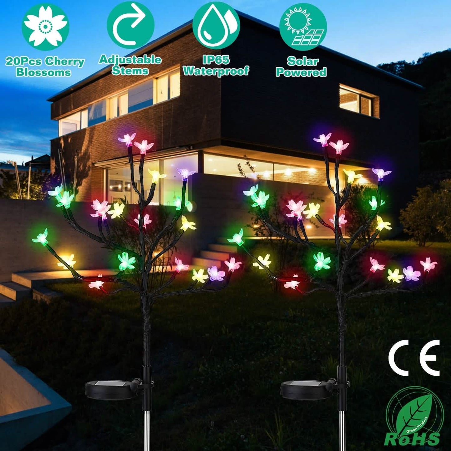 2-Piece: Outdoor Solar Light Cherry Blossom Flower Landscape Light
