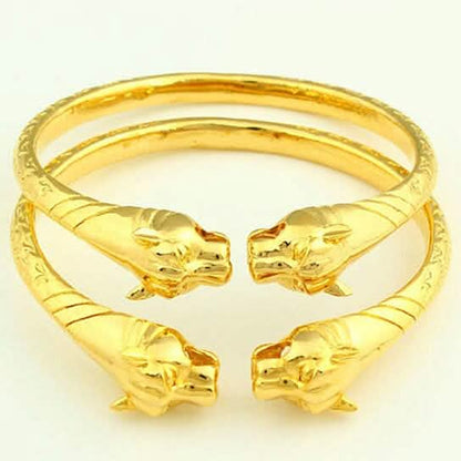 2-Piece Set: 18k Yellow Gold Filled High Polish Finish Lion Adjustable Bangle