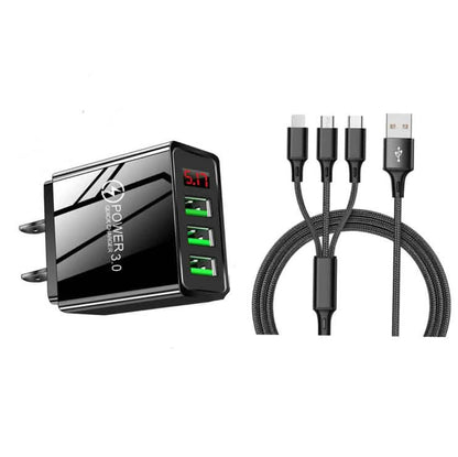 2-Piece Set: 3-Port LED Display High Speed Wall Charger Black + 3-in-1 Cable