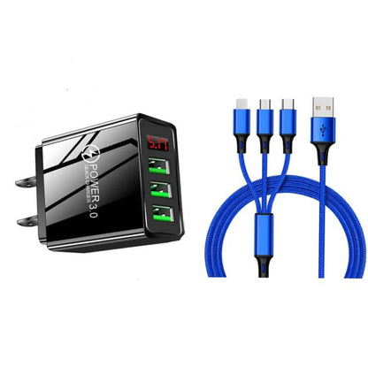 2-Piece Set: 3-Port LED Display High Speed Wall Charger Black + 3-in-1 Cable