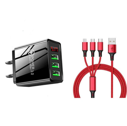 2-Piece Set: 3-Port LED Display High Speed Wall Charger Black + 3-in-1 Cable