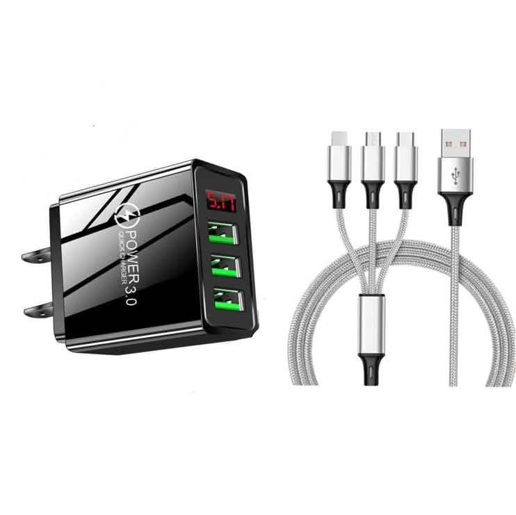 2-Piece Set: 3-Port LED Display High Speed Wall Charger Black + 3-in-1 Cable