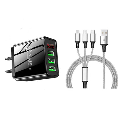 2-Piece Set: 3-Port LED Display High Speed Wall Charger Black + 3-in-1 Cable