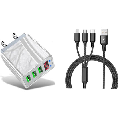 2-Piece Set: 3-Port LED Display High Speed Wall Charger White + 3-in-1 Cable Combo