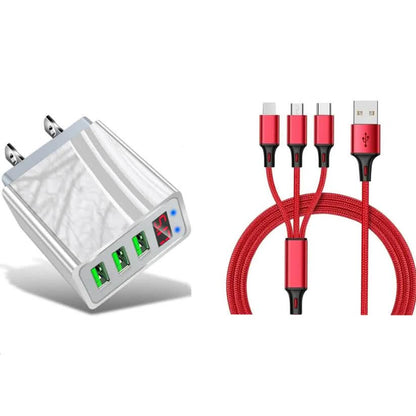2-Piece Set: 3-Port LED Display High Speed Wall Charger White + 3-in-1 Cable Combo