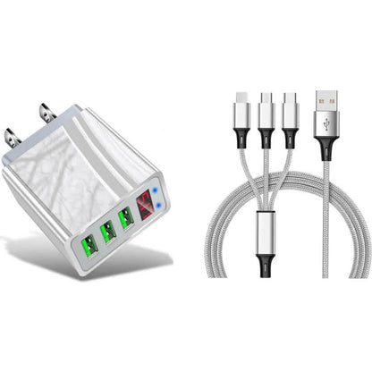 2-Piece Set: 3-Port LED Display High Speed Wall Charger White + 3-in-1 Cable Combo