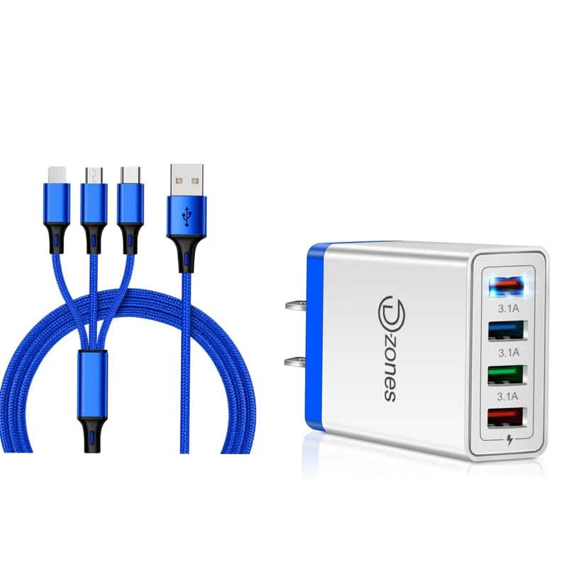 2-Piece Set: 4-Port High Speed Wall Charger + 3-in-1 Cable Combo